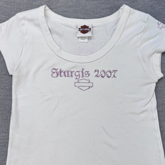Harley-Davidson Womens White Sturgis 2007 T-Shirt Pink Rhinestone Logo Size S - Picture 6 of 15